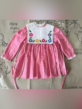 Youngland Vintage Pink Floral Long-Sleeve Prairie Dress with Embroidered Bib